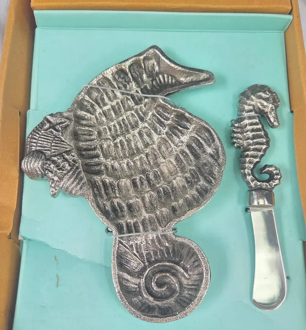 Mud Pie Seahorse Condiment Tray and Spreader Knife Set Coastal Pewter Style NIB